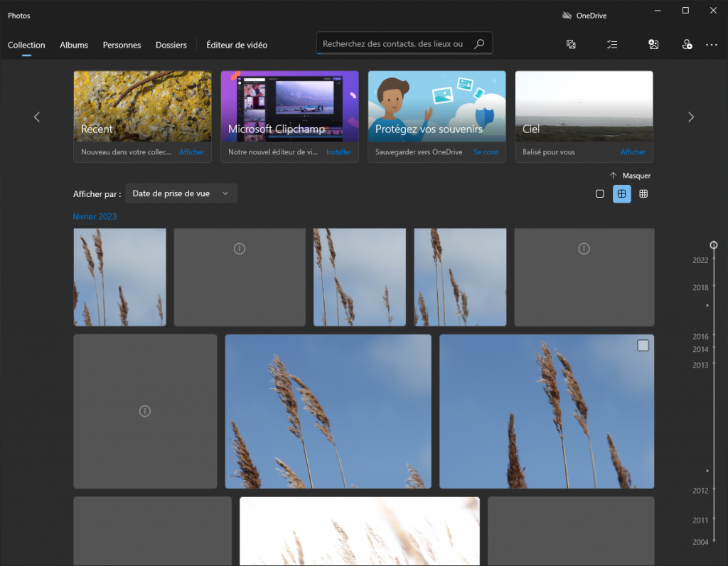Capture d'écran de l'application Photos présente sous windows 10 ou 11.